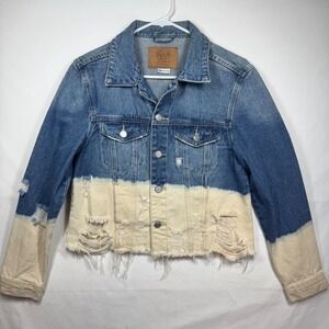 BBJ Los Angeles Denim Jacket‎ Blue White Distressed Cropped Jean Coat Sz Medium